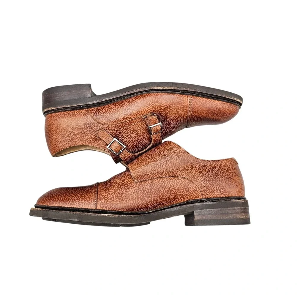 Paraboot Men Size 7.5 US Vigny Actem‎ Brown Pebbled Leather Monk Strap Shoes